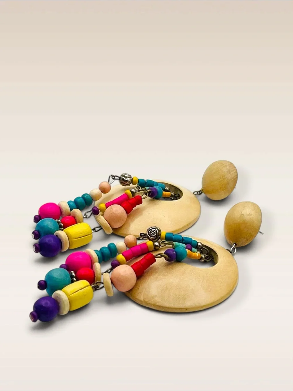 Vintage Multi-Color Beaded Wood Statement Dangle Pierced Earrings Boho